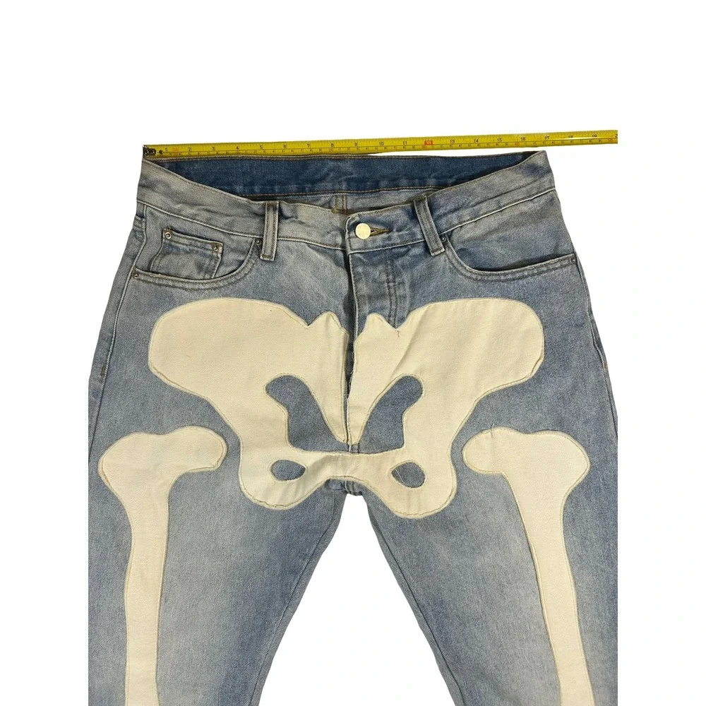 MNML Skeleton Bone Applique Light Wash Slim Denim Jeans Blue Mens 33 Distressed